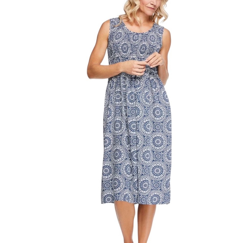 Iyla Sundress Large Blue Smocked Geometric Print Sleeveless Casual Lightweight